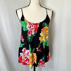 Flowy Black Floral Pintuck Resort Tropical Spaghetti Strap Top Size S Old Navy